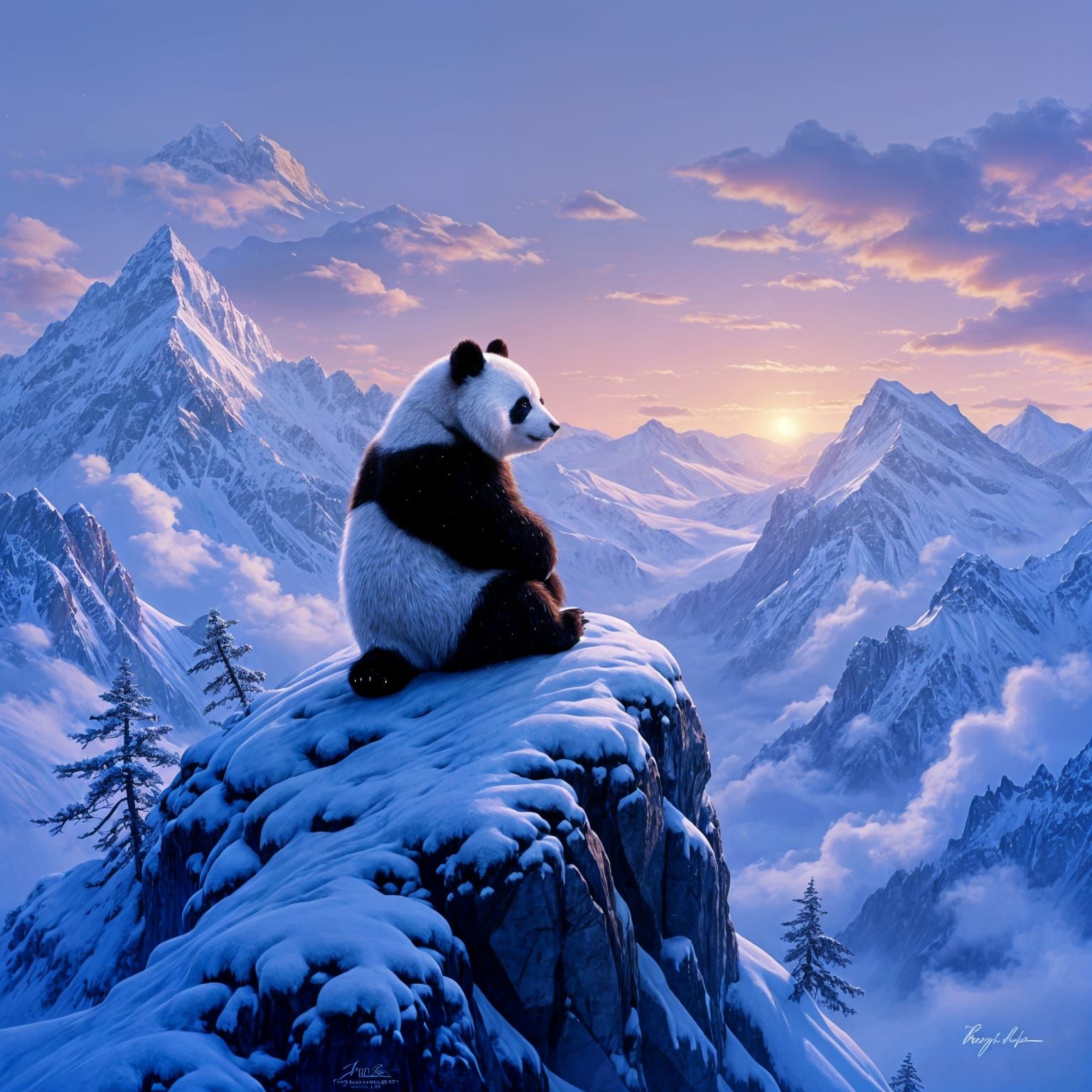 Majestic Panda at Dusk: A Snowy Mountain Vista