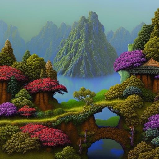 Misty Village Threatened by Crumbling Mountain, Oil Painting