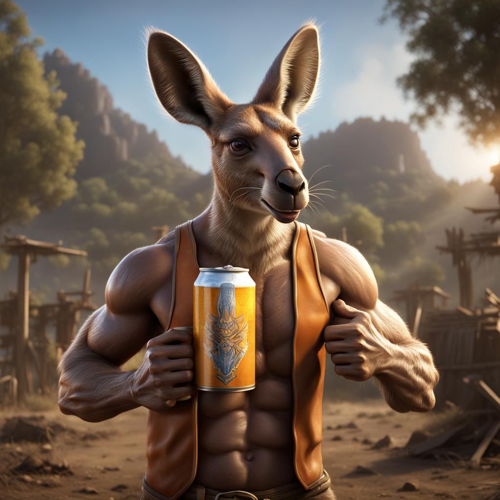 Muscular Kangaroo Holding Beer: Detailed Matte Painting