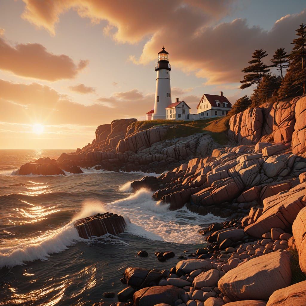 Cape Elizabeth Lighthouse Sunset in 3D Rendering Style