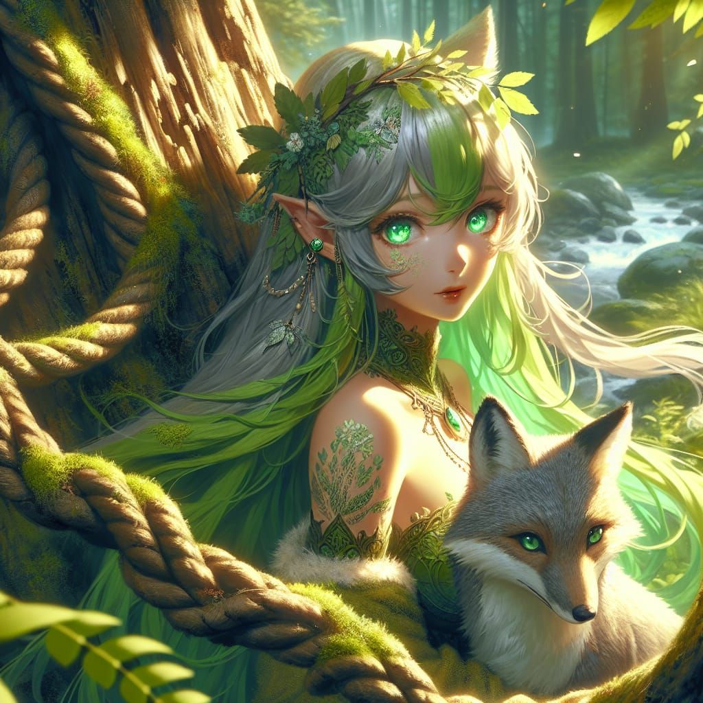 Anime Druid with Fox in Forest Sunlight