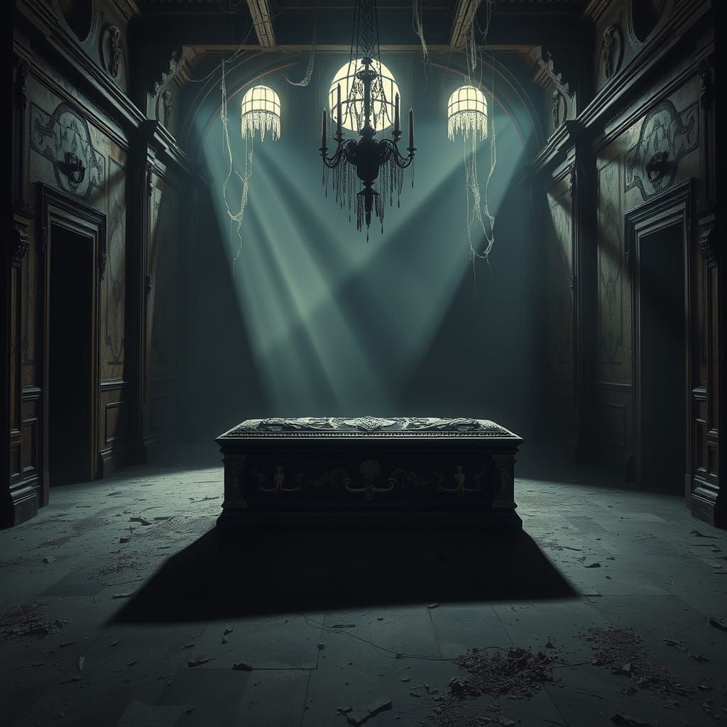 A solitary, ornate coffin rests in the center of a dimly lit...