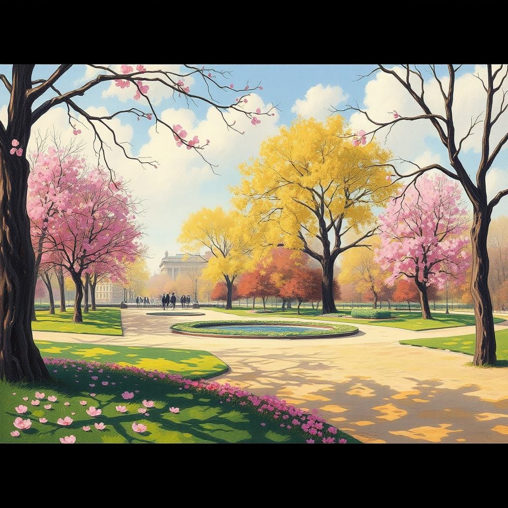 Vibrant Spring Park Scene in 19th Century Realism Style