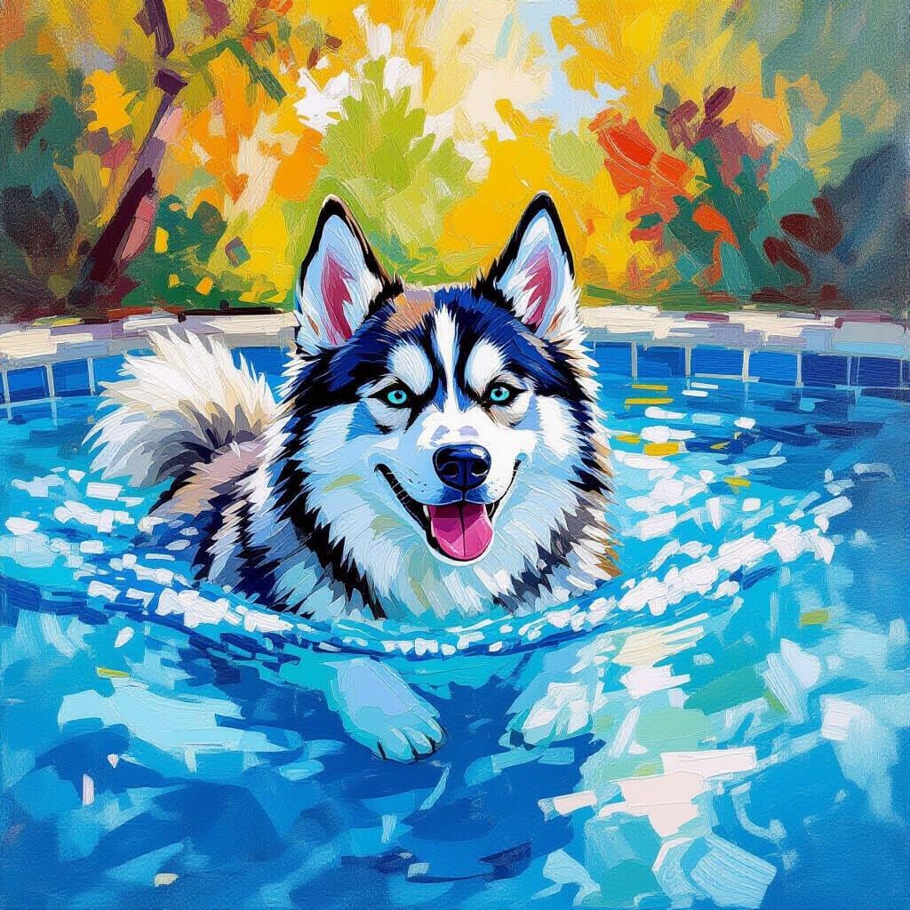 Husky Dog Swimming in Pool: Vibrant Impasto Oil Painting