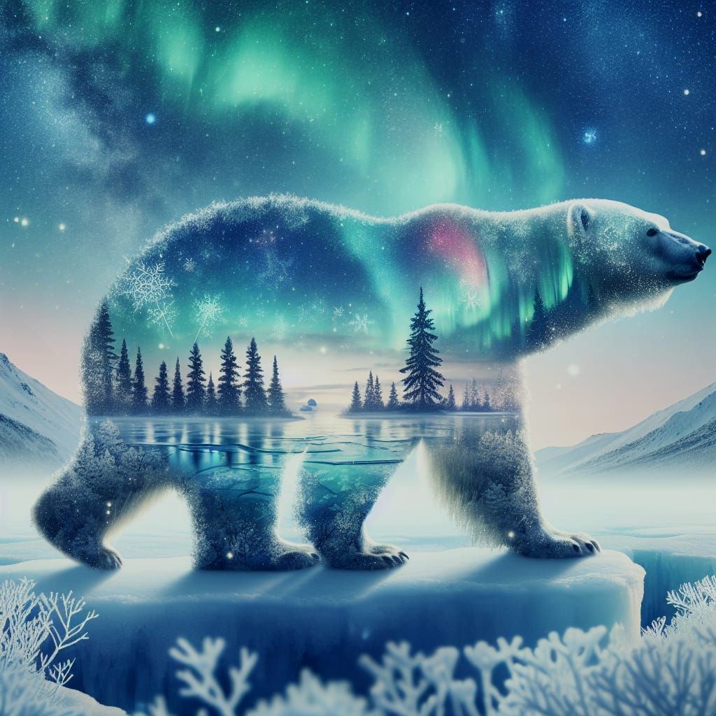 Polar Bear Double Exposure in Arctic Winter Landscape
