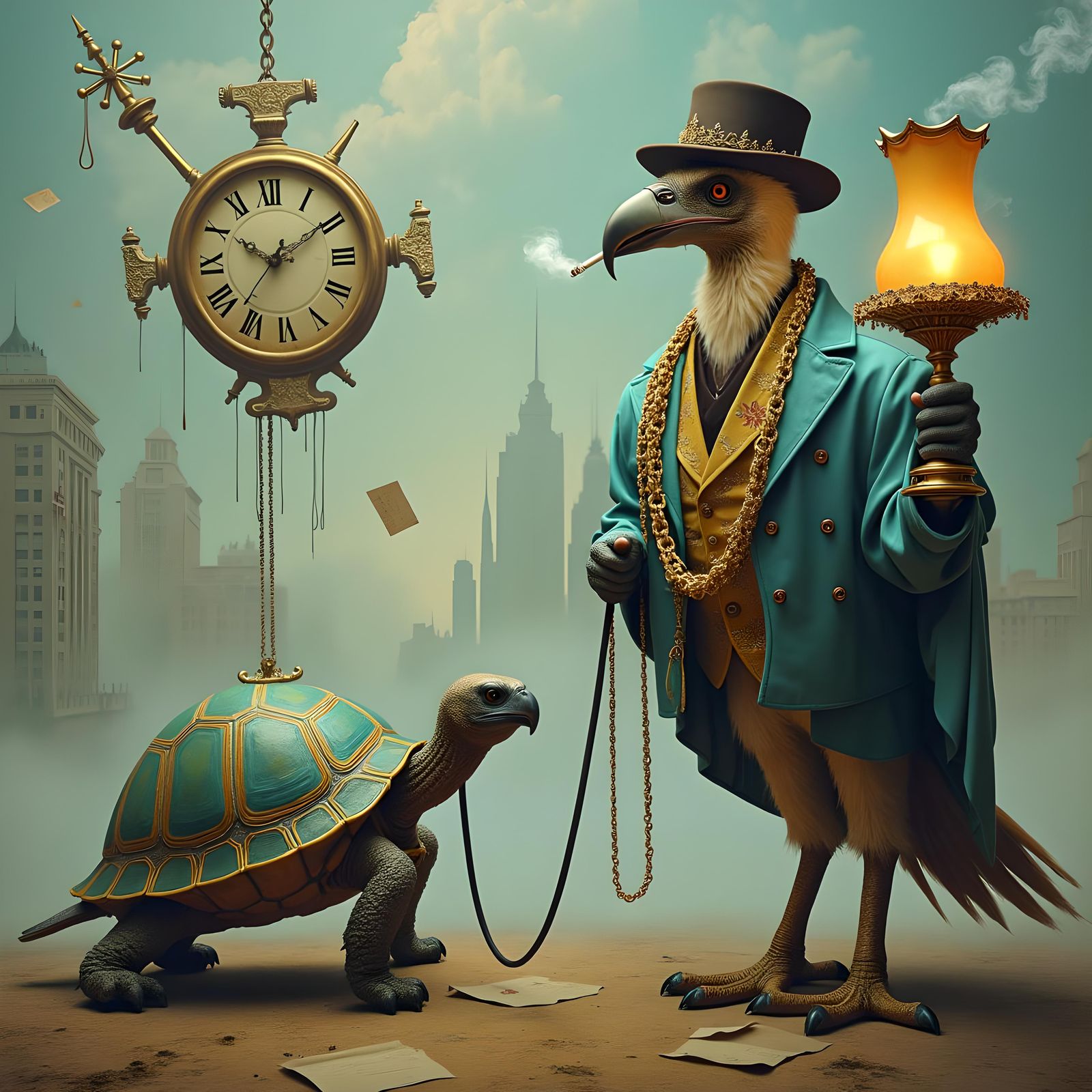 Surreal Turtle and Vulture Walk, Dali and Magritte Style