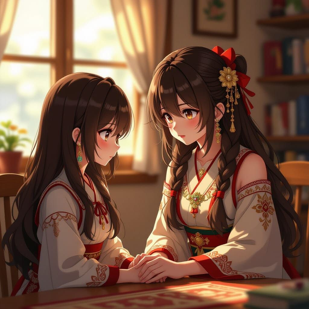 Anime Girls in Cozy House with Cinematic Lighting