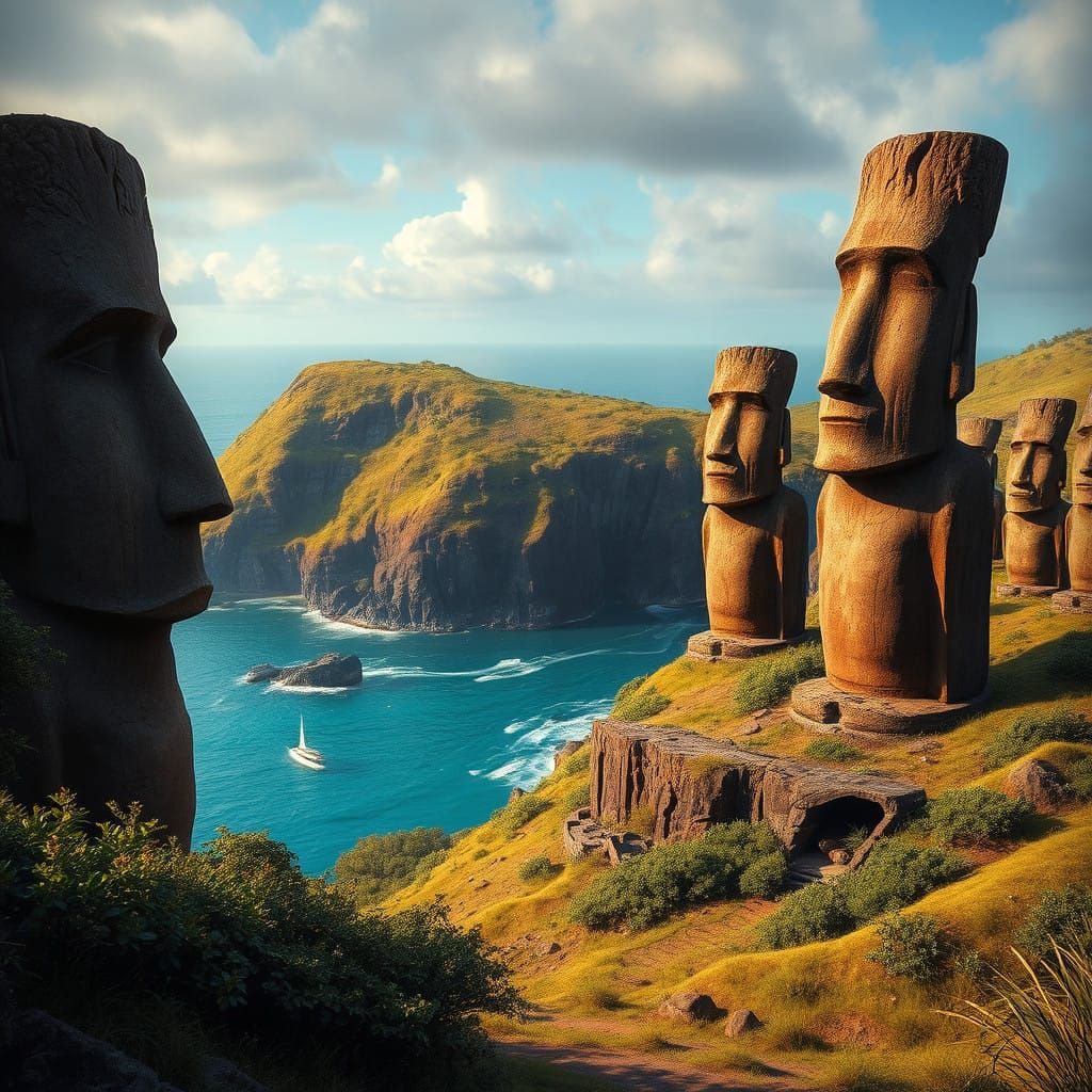 Easter Island Landscape of Ancient Stone and Turquoise Sea