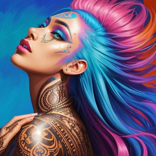 Henna Tattooed Woman with Pink and Blue Hair