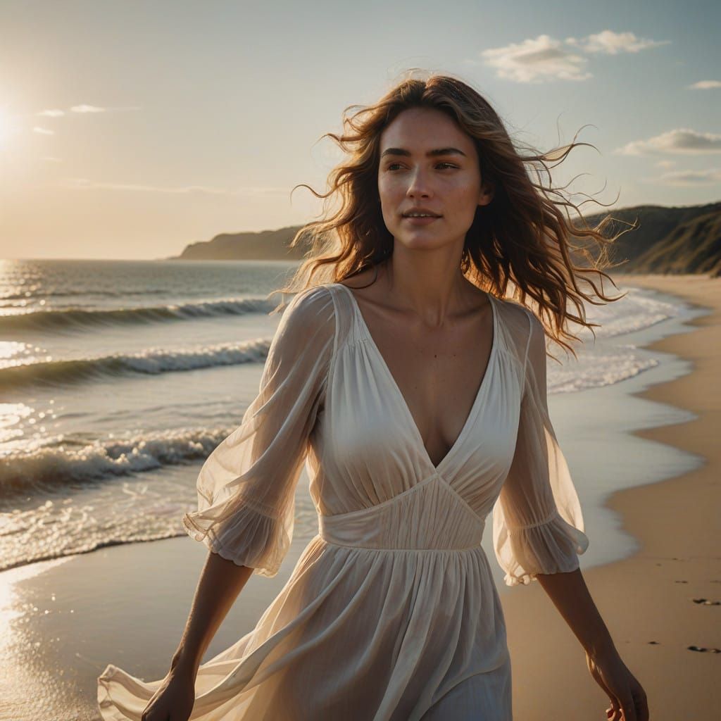 Serenely Smiling Woman on Sun-Kissed Beach in Cinematic Film...