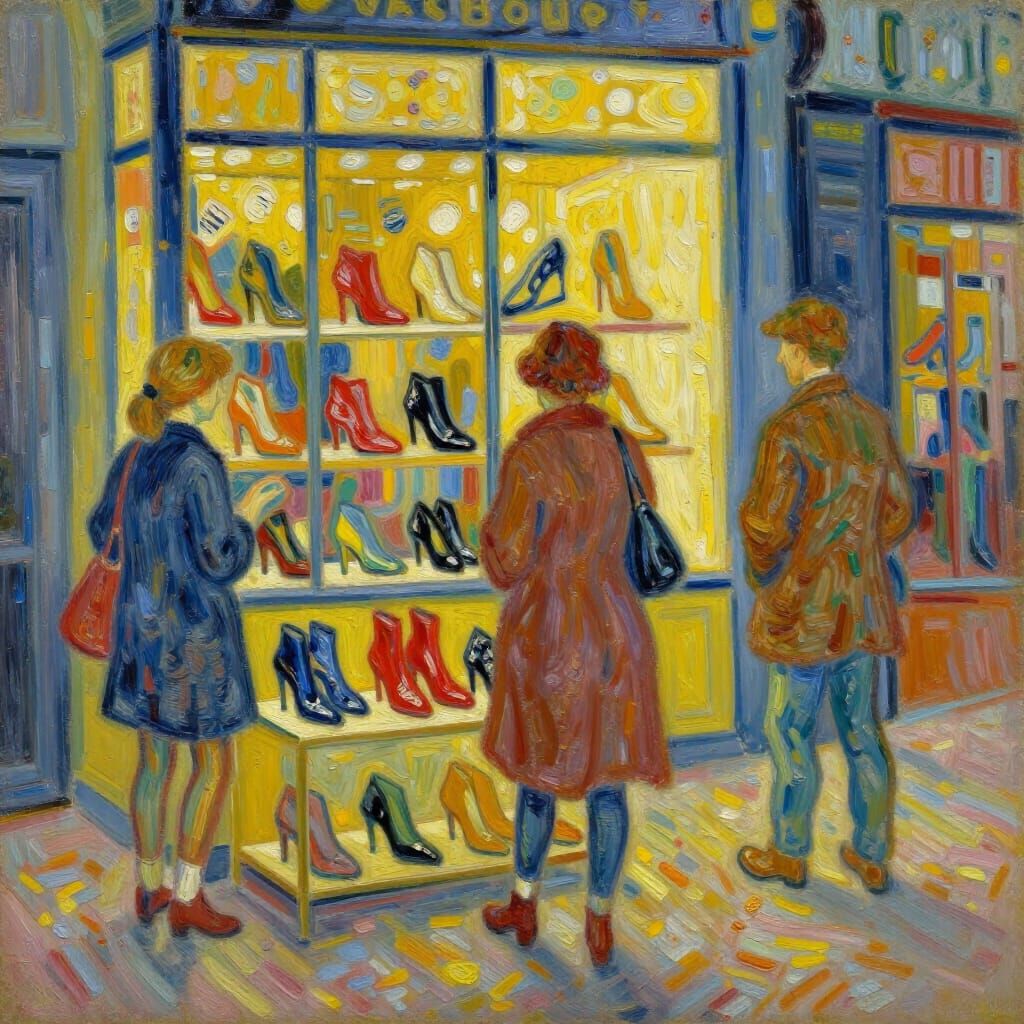 Vibrant Oil Painting of Shoe Stores with Warm Interiors