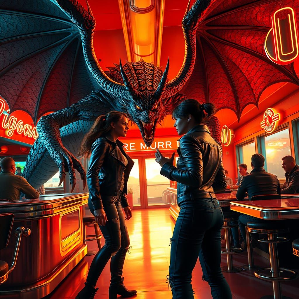 Woman Confronts Towering Demon in Retro-Futuristic Diner