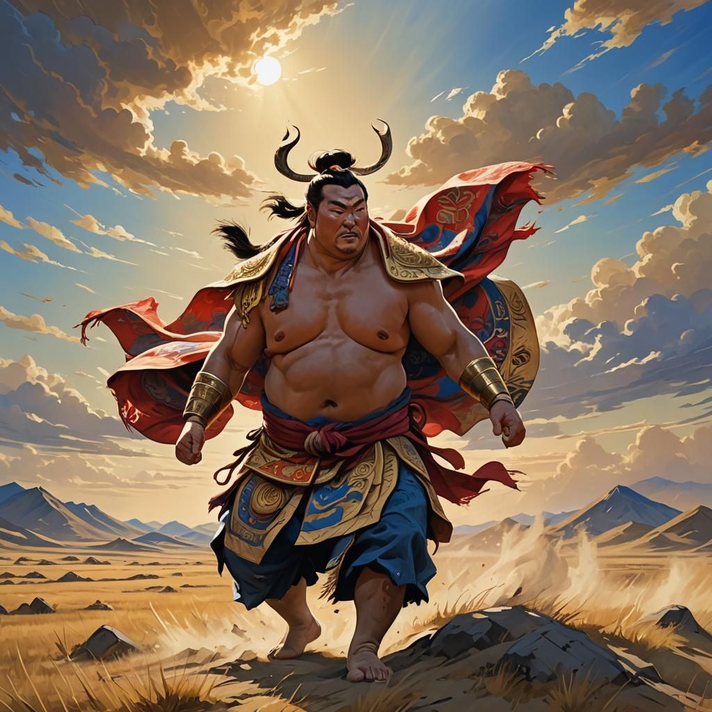 Victorious Mongolian Hero in Windswept Steppe