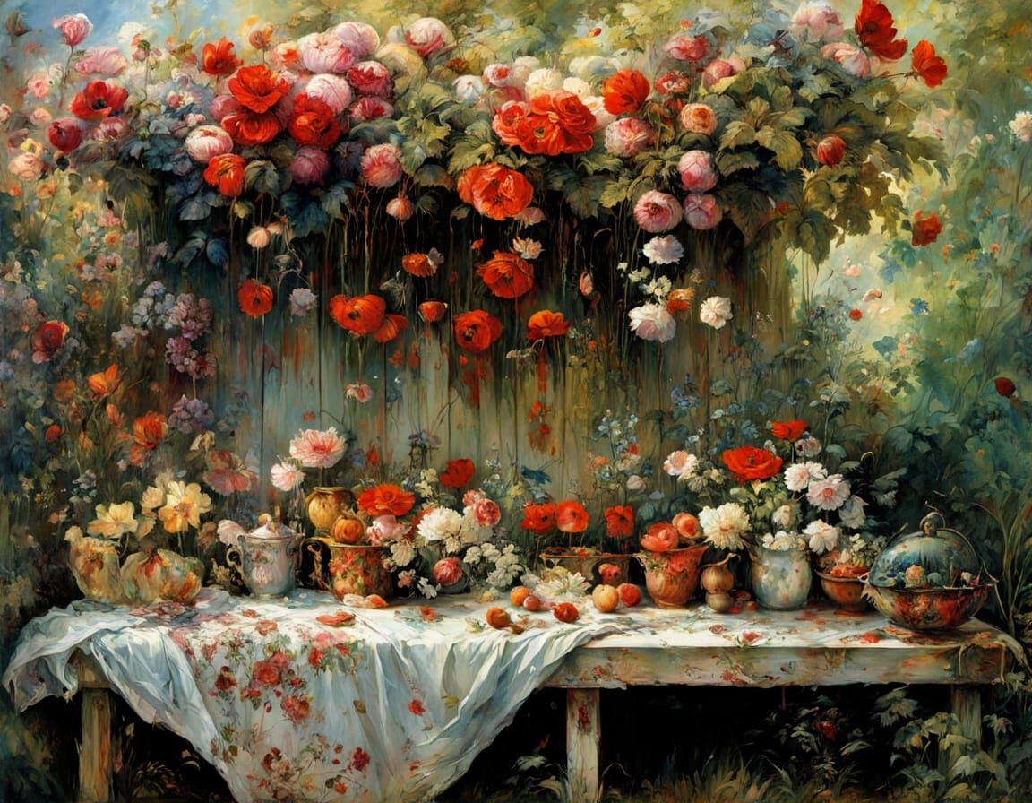 Botanical Garden Bench in Golden Age Illustration Style