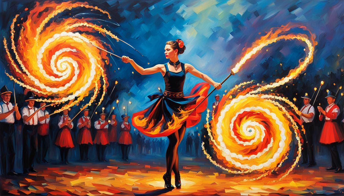 Carnival Ringleader Twirling Fire Poi as Impasto Painting