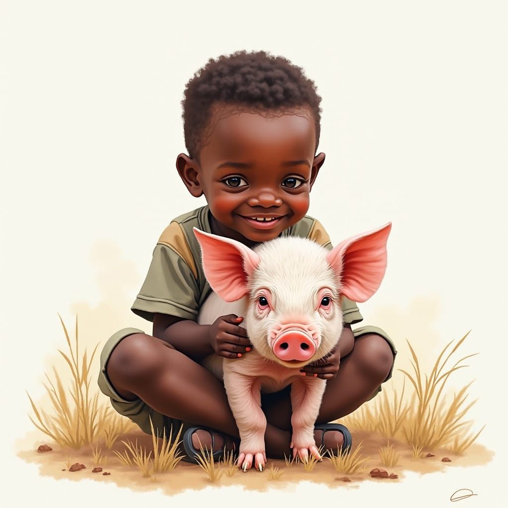 Whimsical African Boy Hugs His Pig in Muted Watercolor
