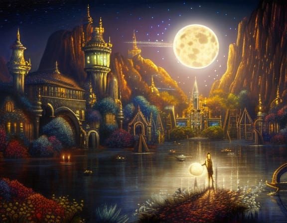 Intricate Moon over Magic Clock Town in Fantasy Sky