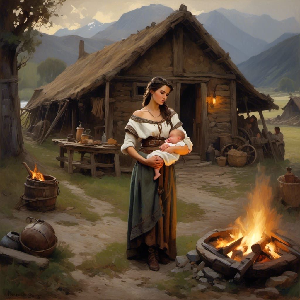 close up a young viking women with a newborn baby