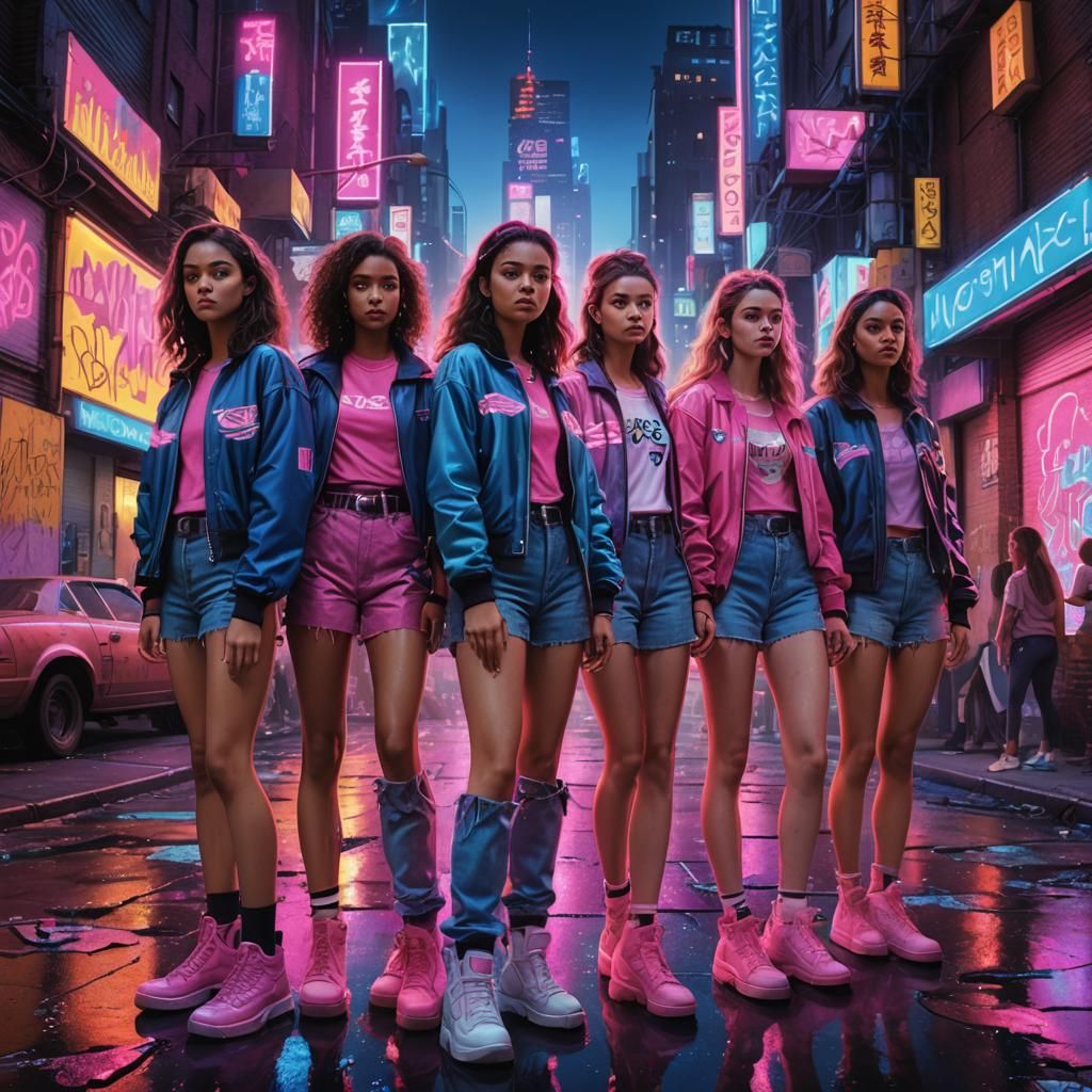 Teenage Girls in a Neon 1980s NYC Cityscape
