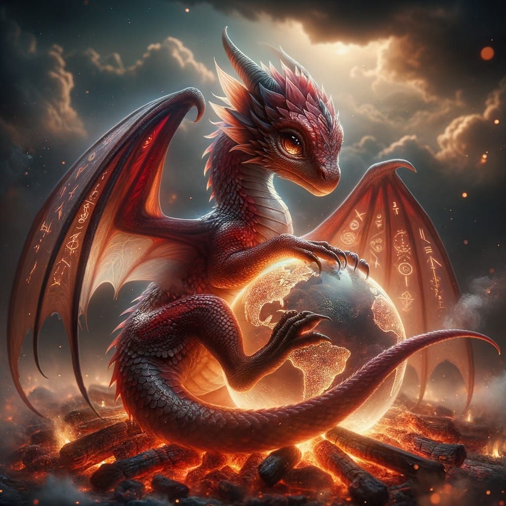Crimson Dragon Cub Protects Earth-like Orb