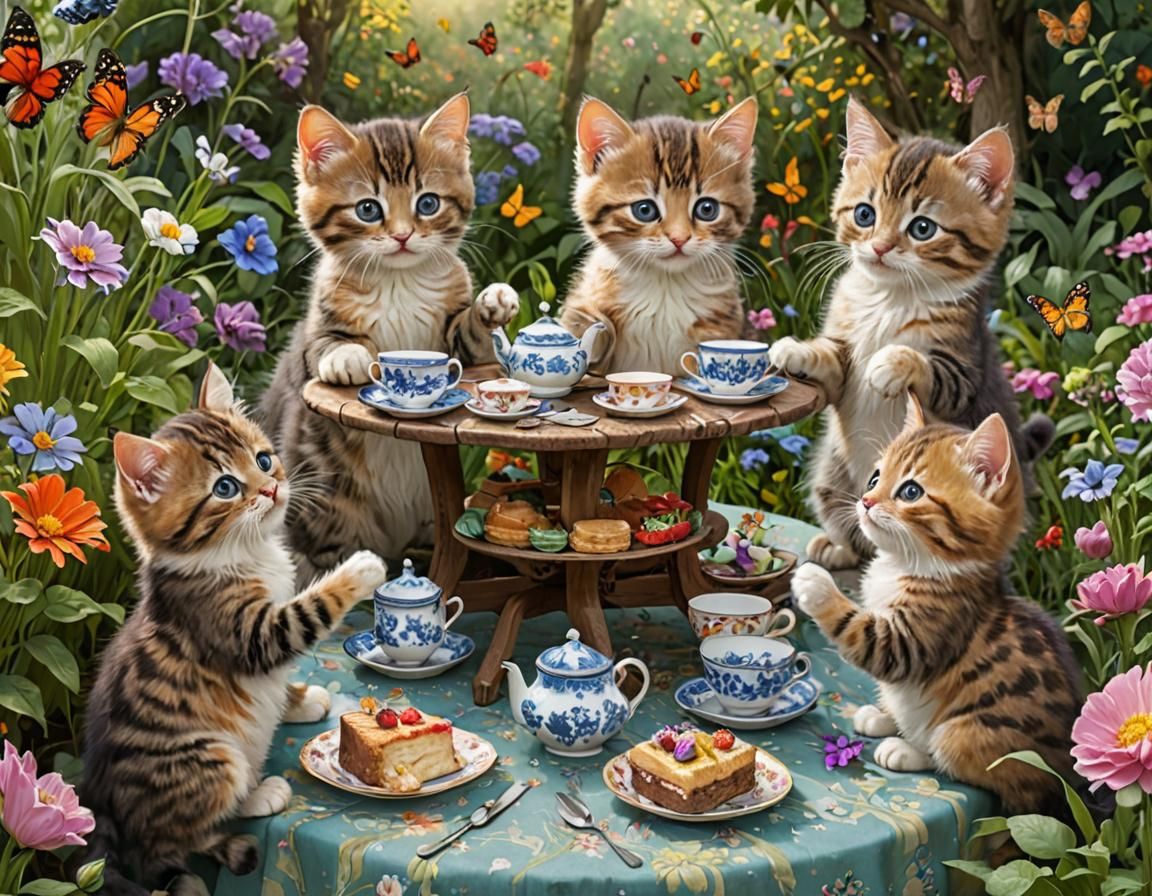 Kittens' Tea Party in Whimsical Garden