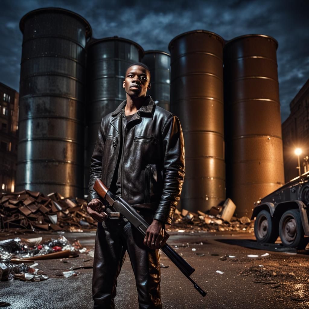 Hyperrealistic Black Man with Shotgun in Cityscape
