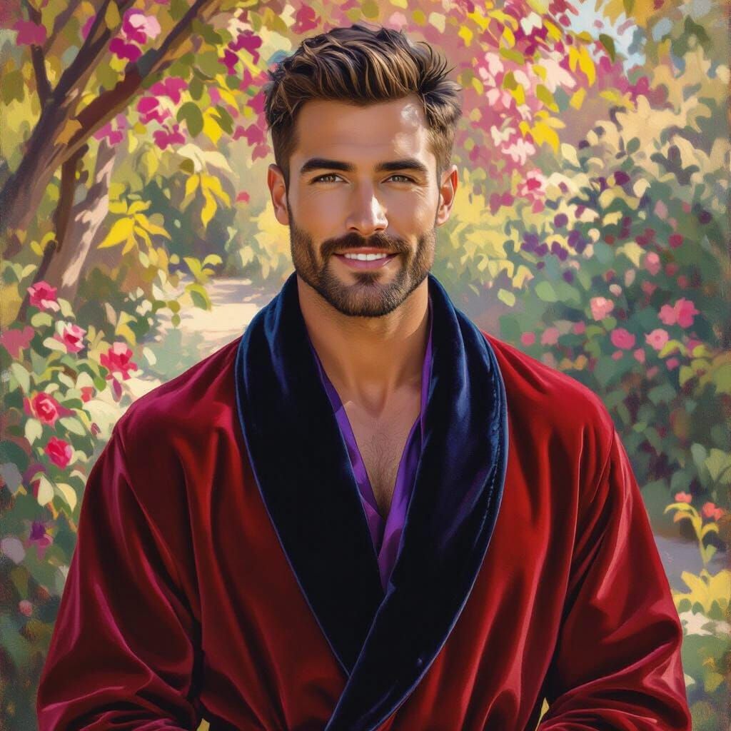Handsome Man in Velvet Robe in Garden