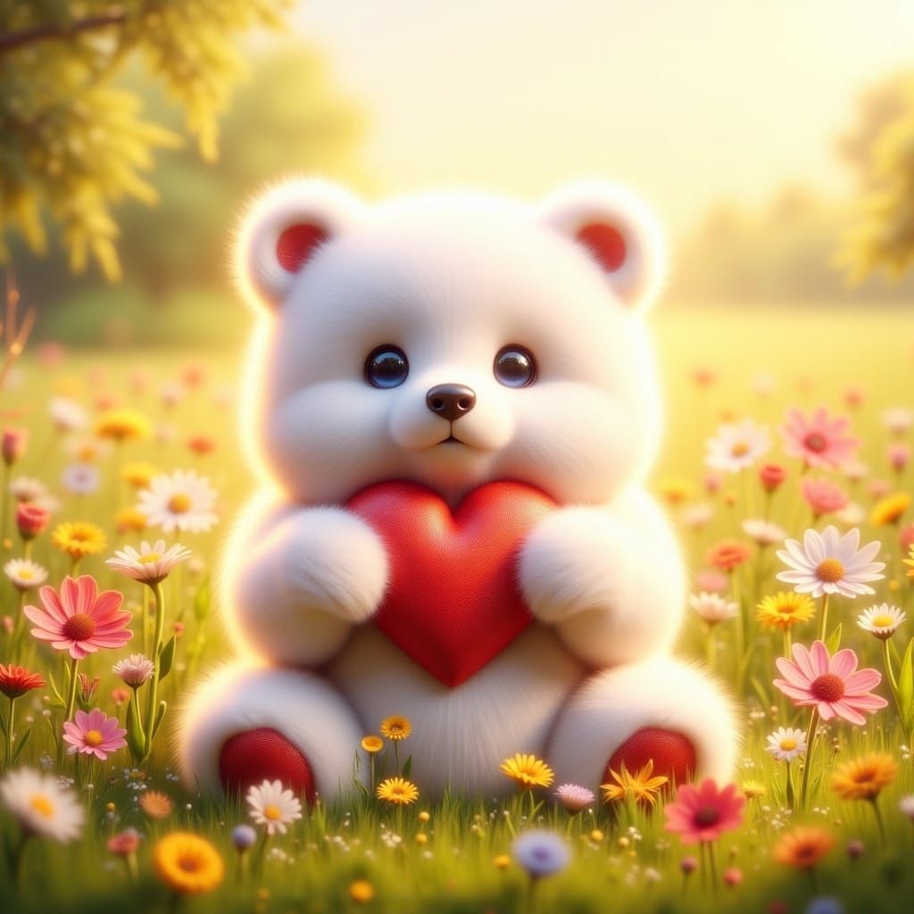 Fluffy Bear Holding Heart in Whimsical Illustration