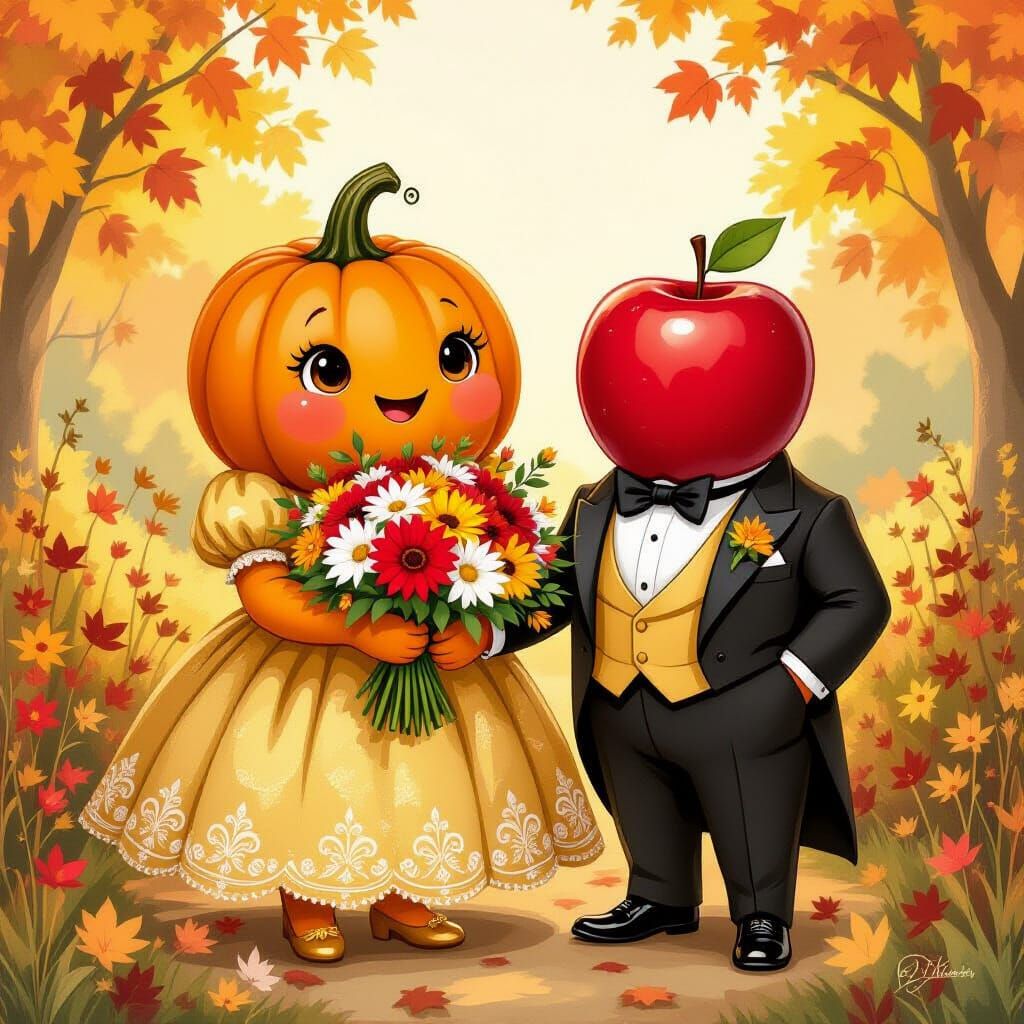Pumpkin in Gold Dress & Apple in Tuxedo Hold Flowers