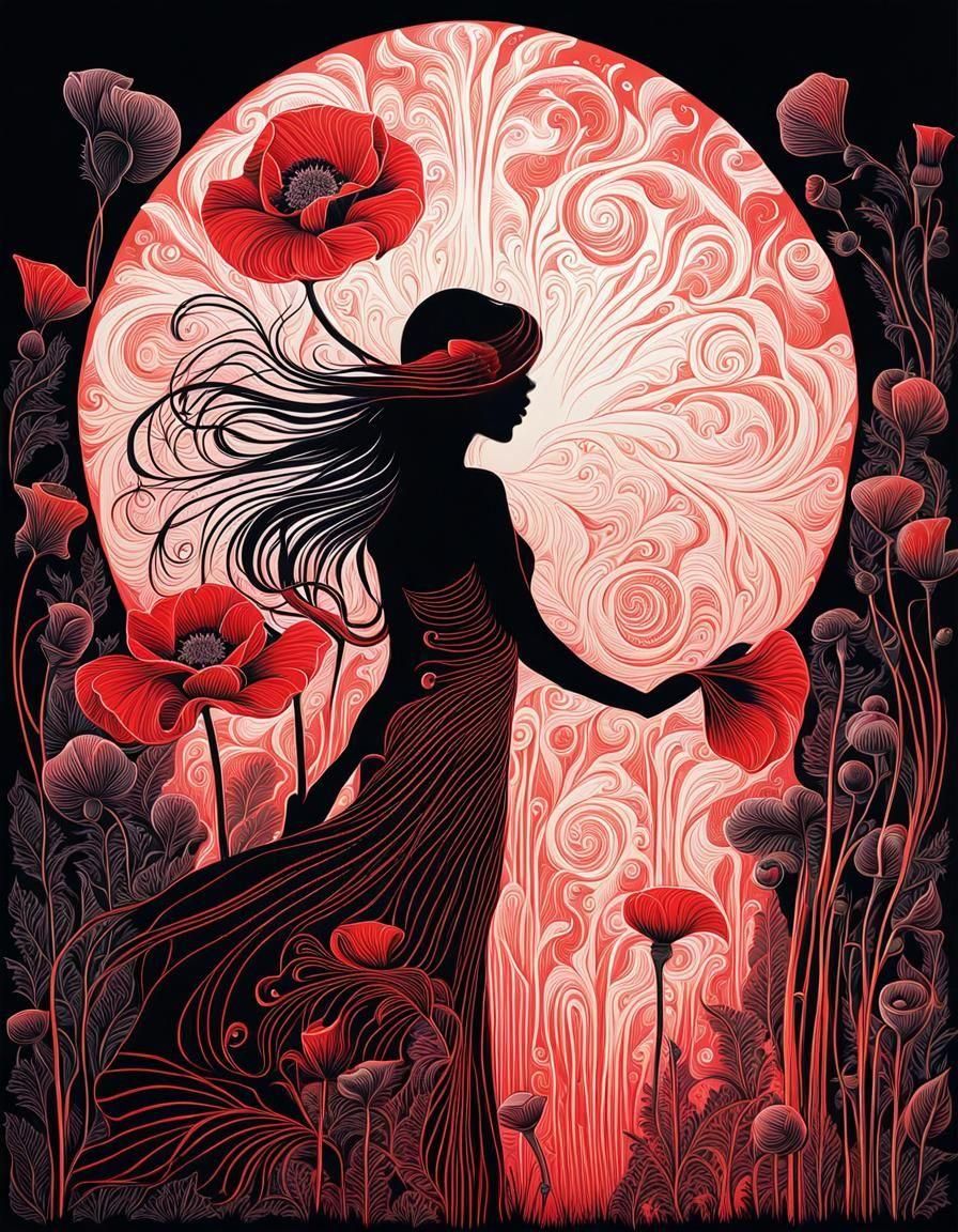 Ethereal Poppy with Fractals in Linocut Style