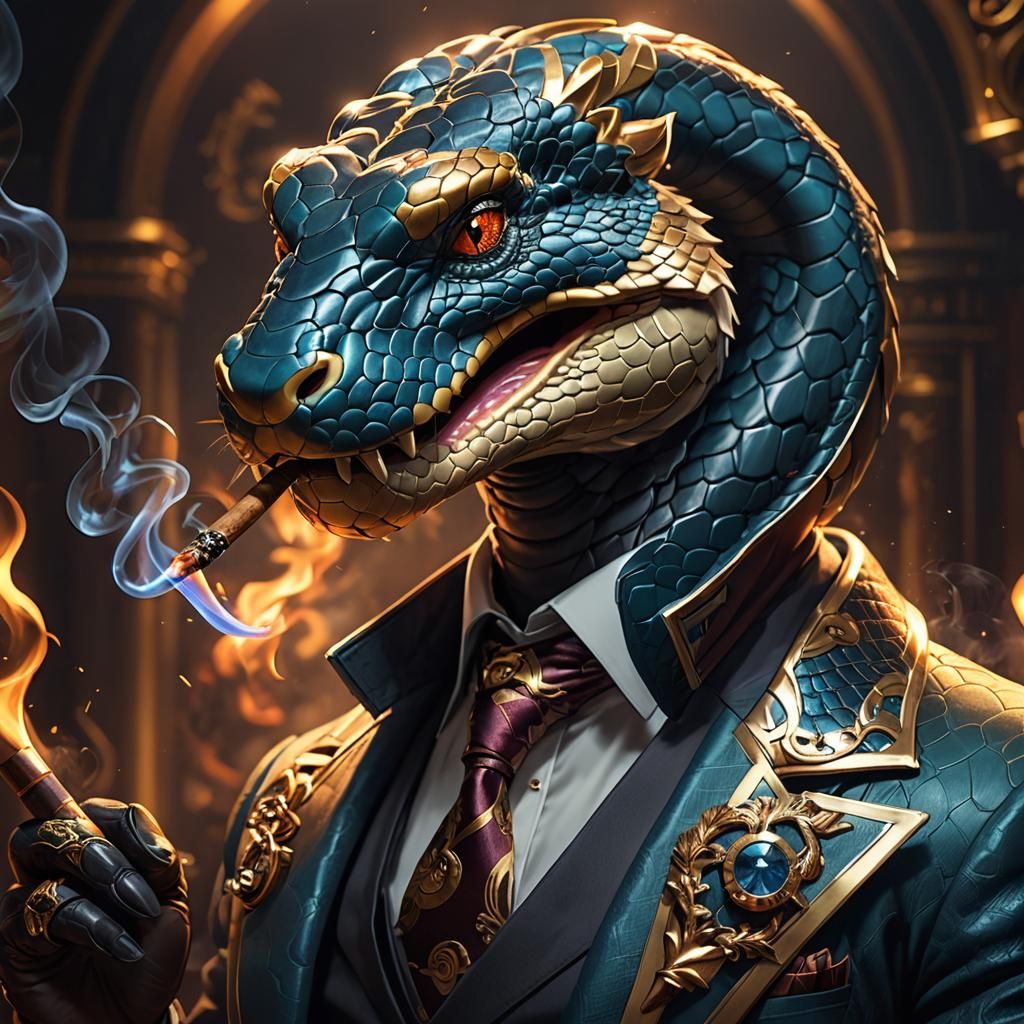 Snake Smoking Cigar, Detailed Digital Art