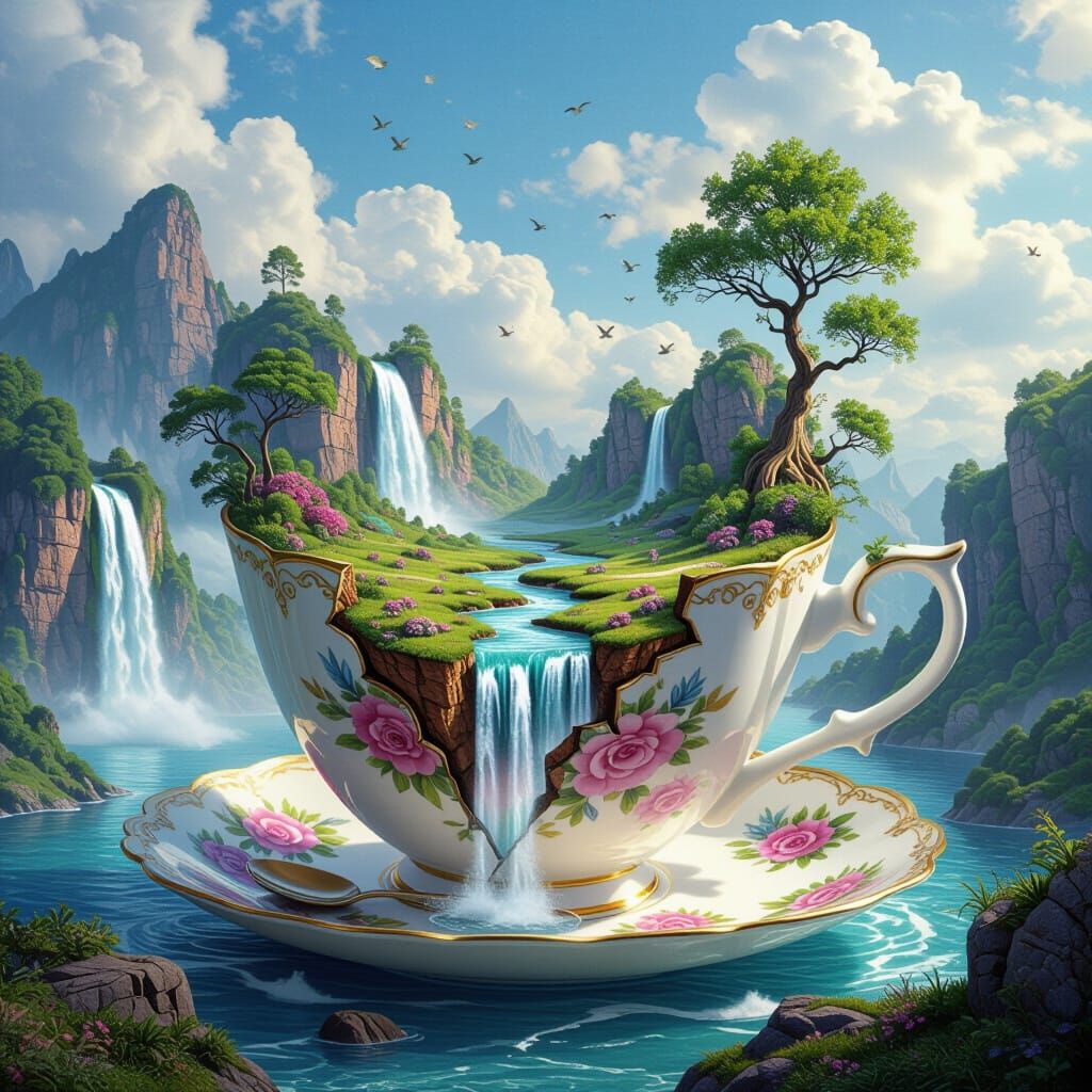 Fantastical Teacup Landscape with Waterfalls