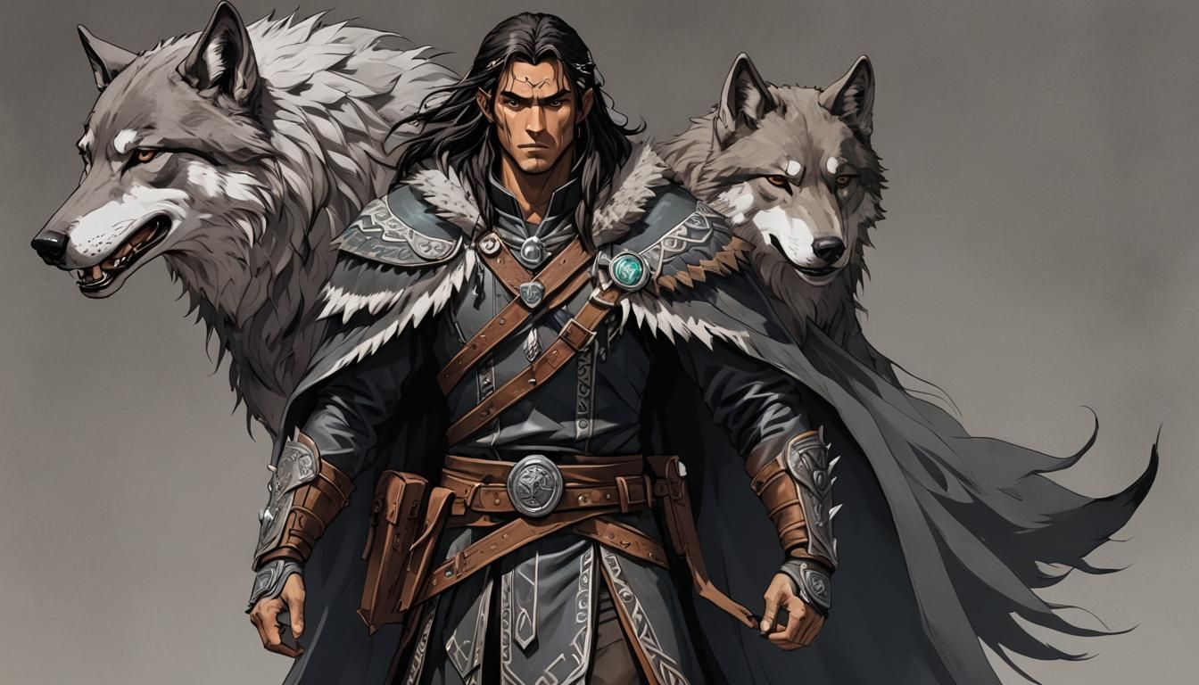 Half-Elf Ranger with Dire Wolf in Anime Style