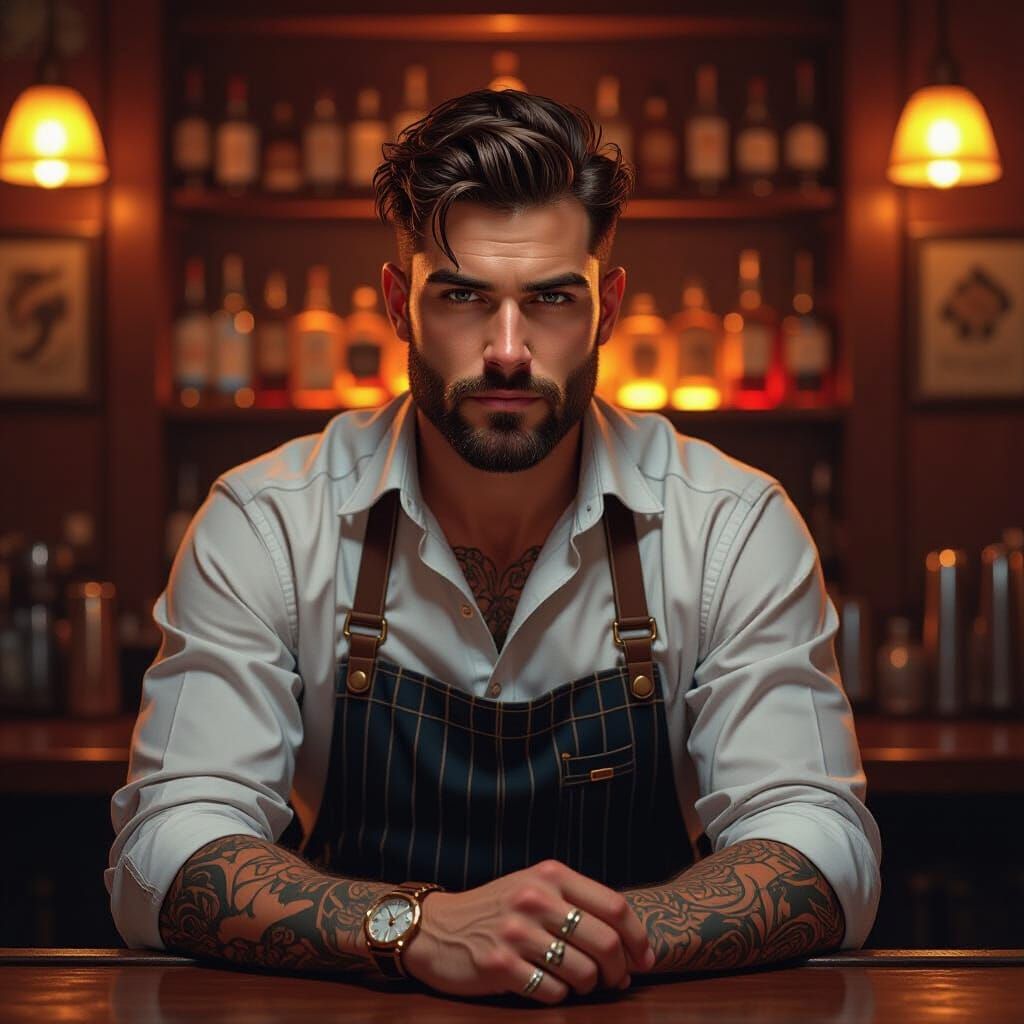 Brooding Bartender Portrait in Hyperdetailed Digital Art