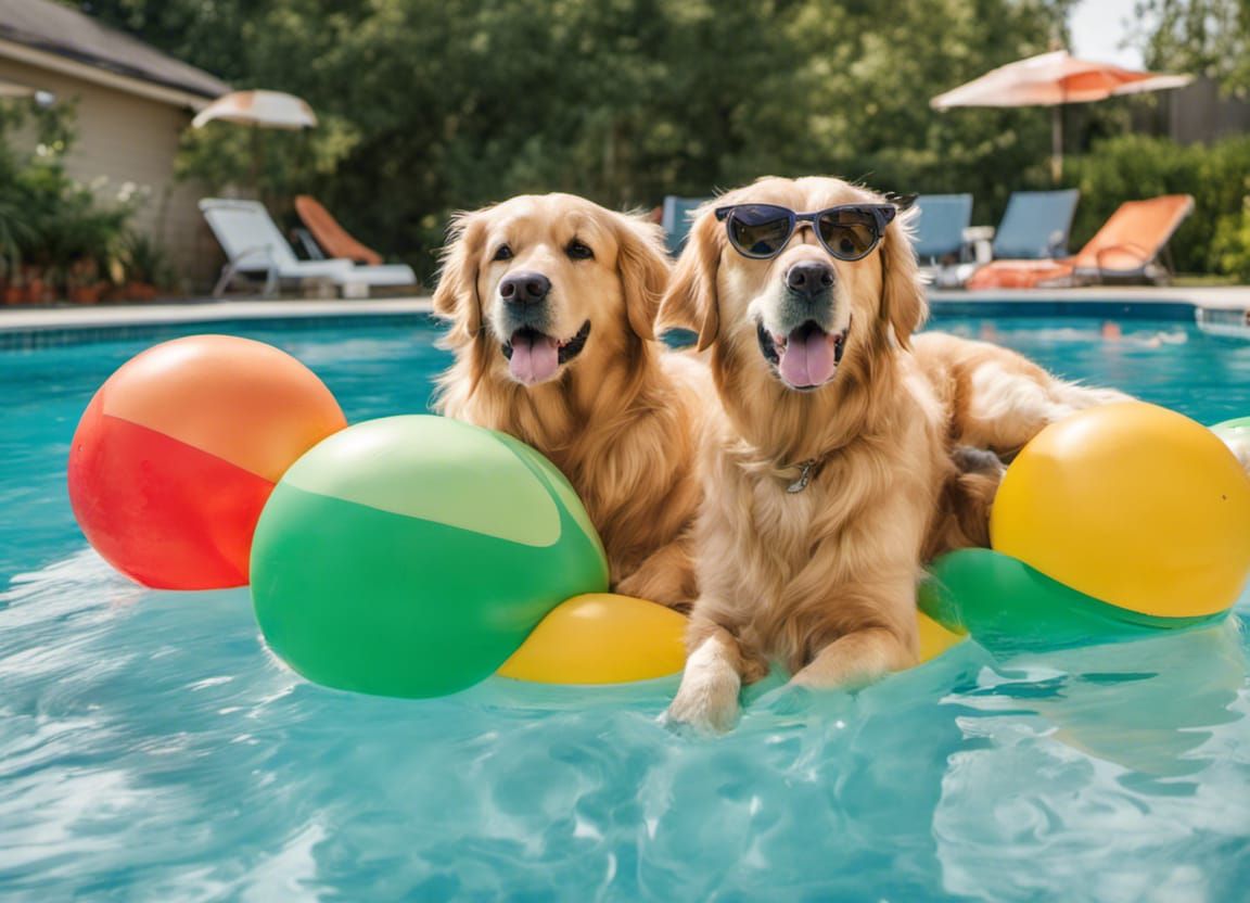 Golden Retrievers Pool Party with Sunglasses