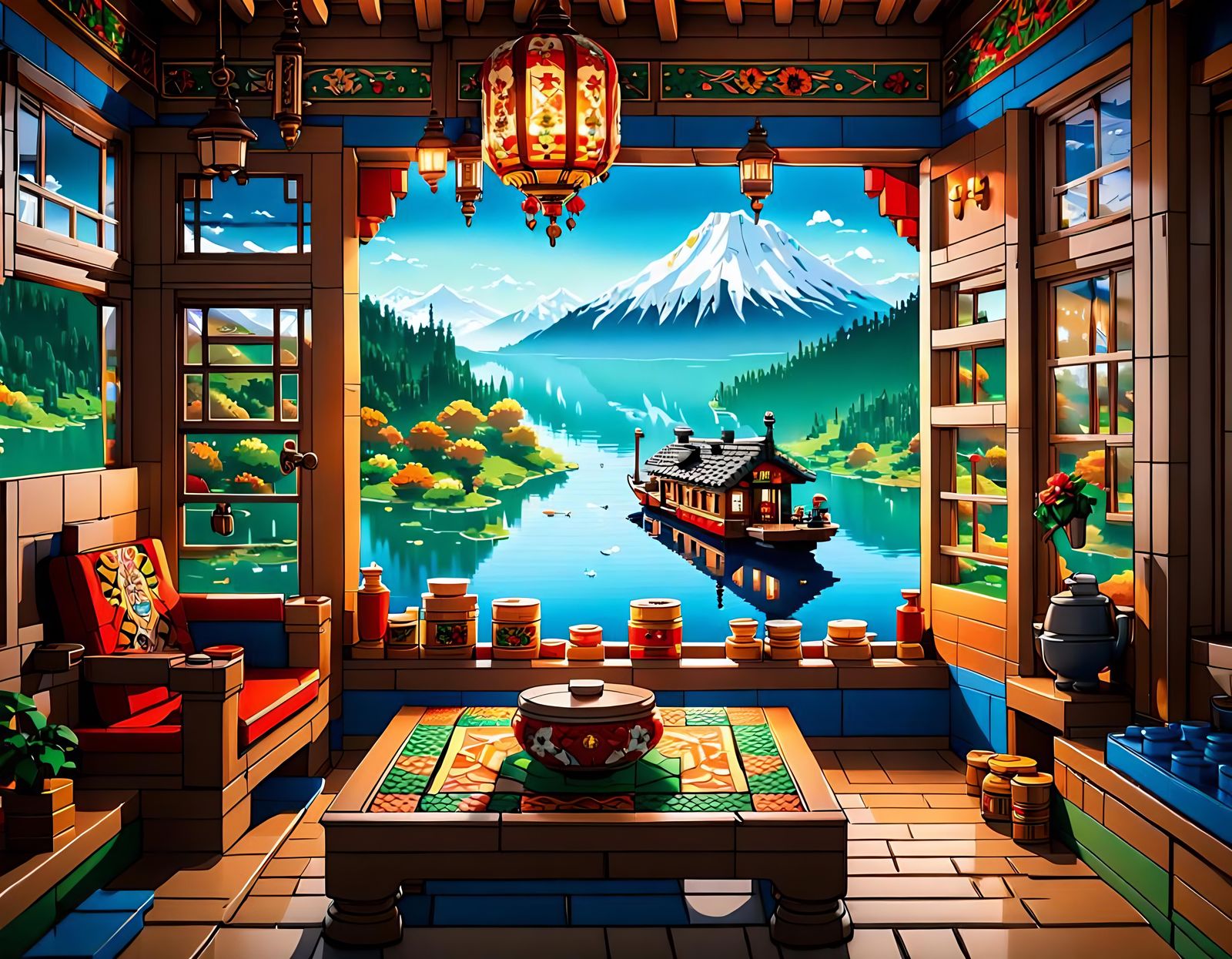 Cozy Kashmir Houseboat in Lego Ghibli Style