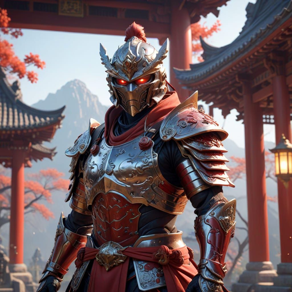 Red and Silver Samurai in Ornate Pagoda - Anime Concept Art