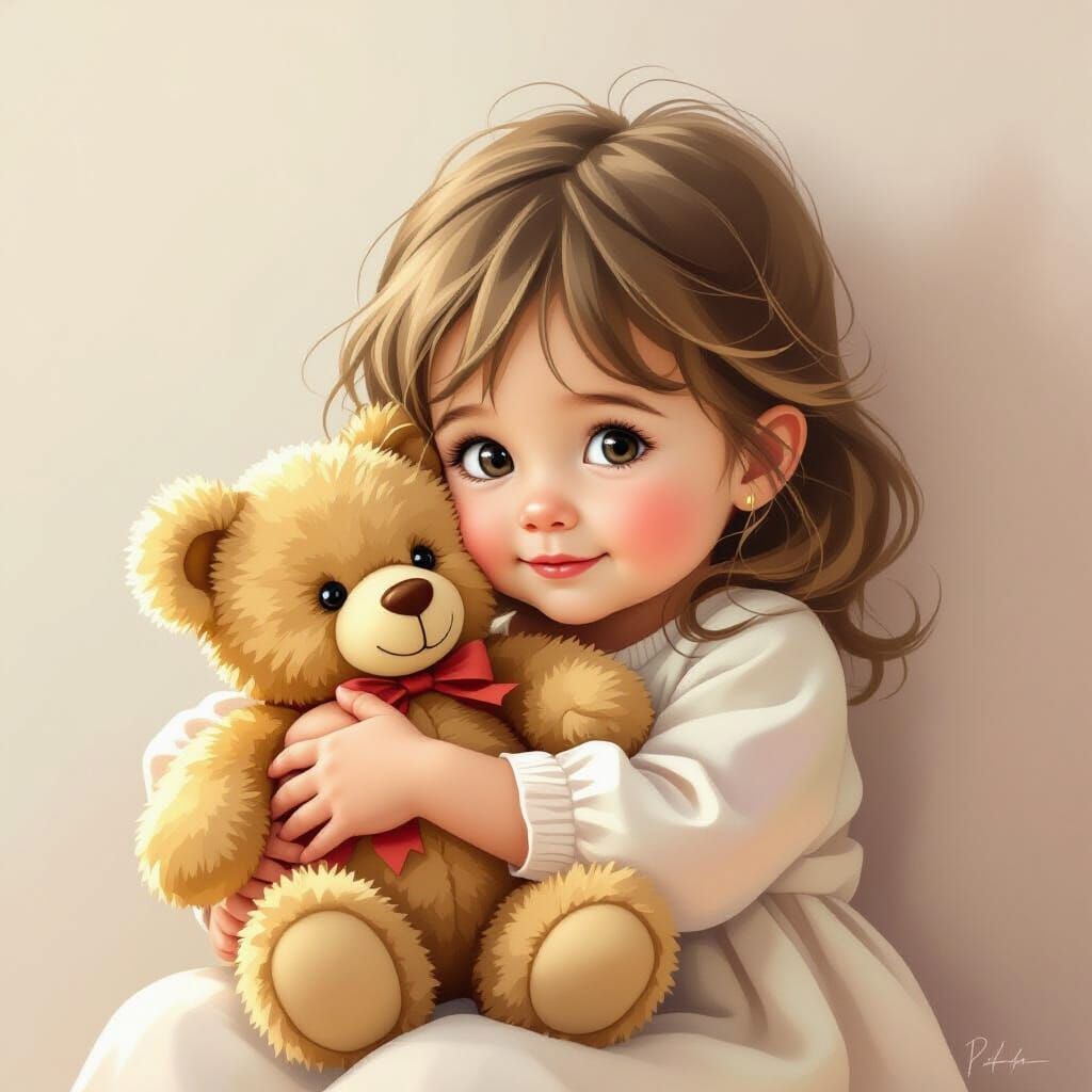 Adorable Girl Hugs Teddy Bear in Storybook Style