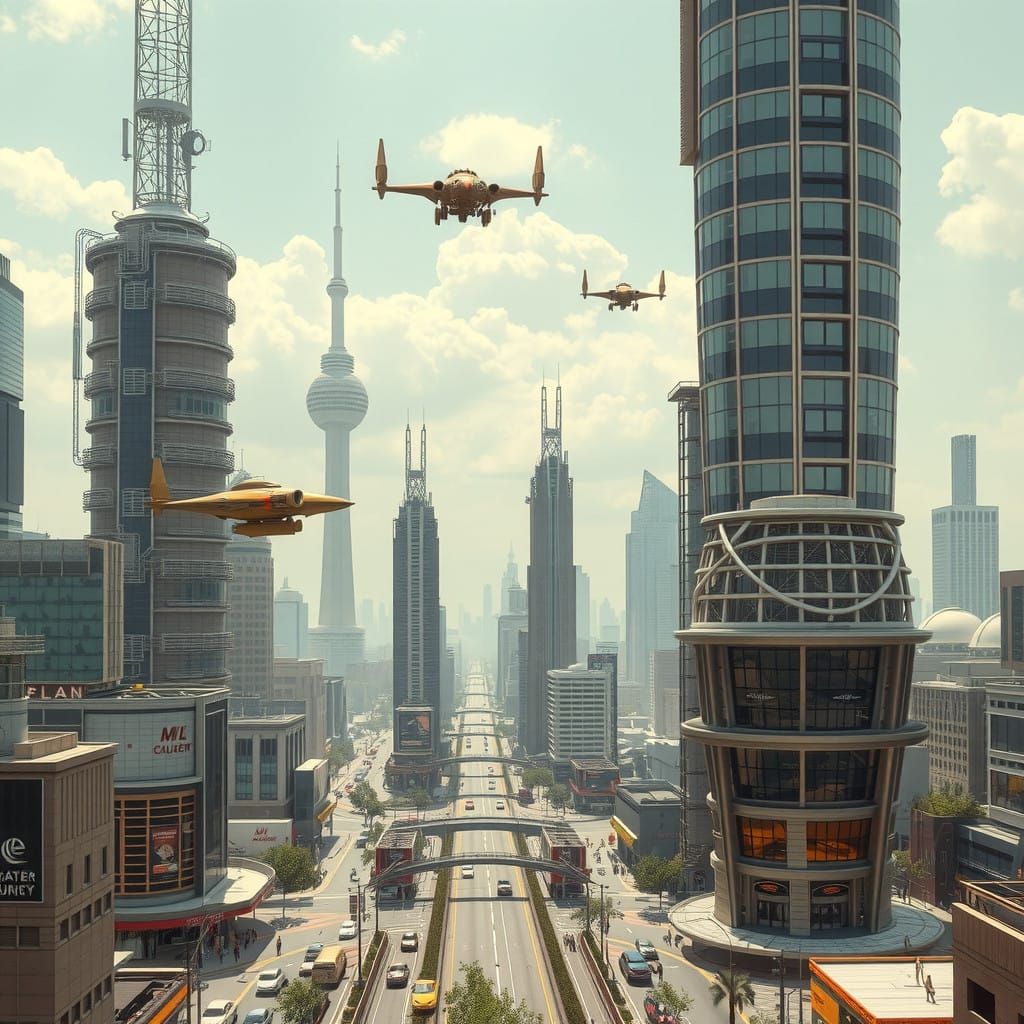 Towering smart solarpunk cities with flying cars, chrome skyscrapers, and mid-century style.