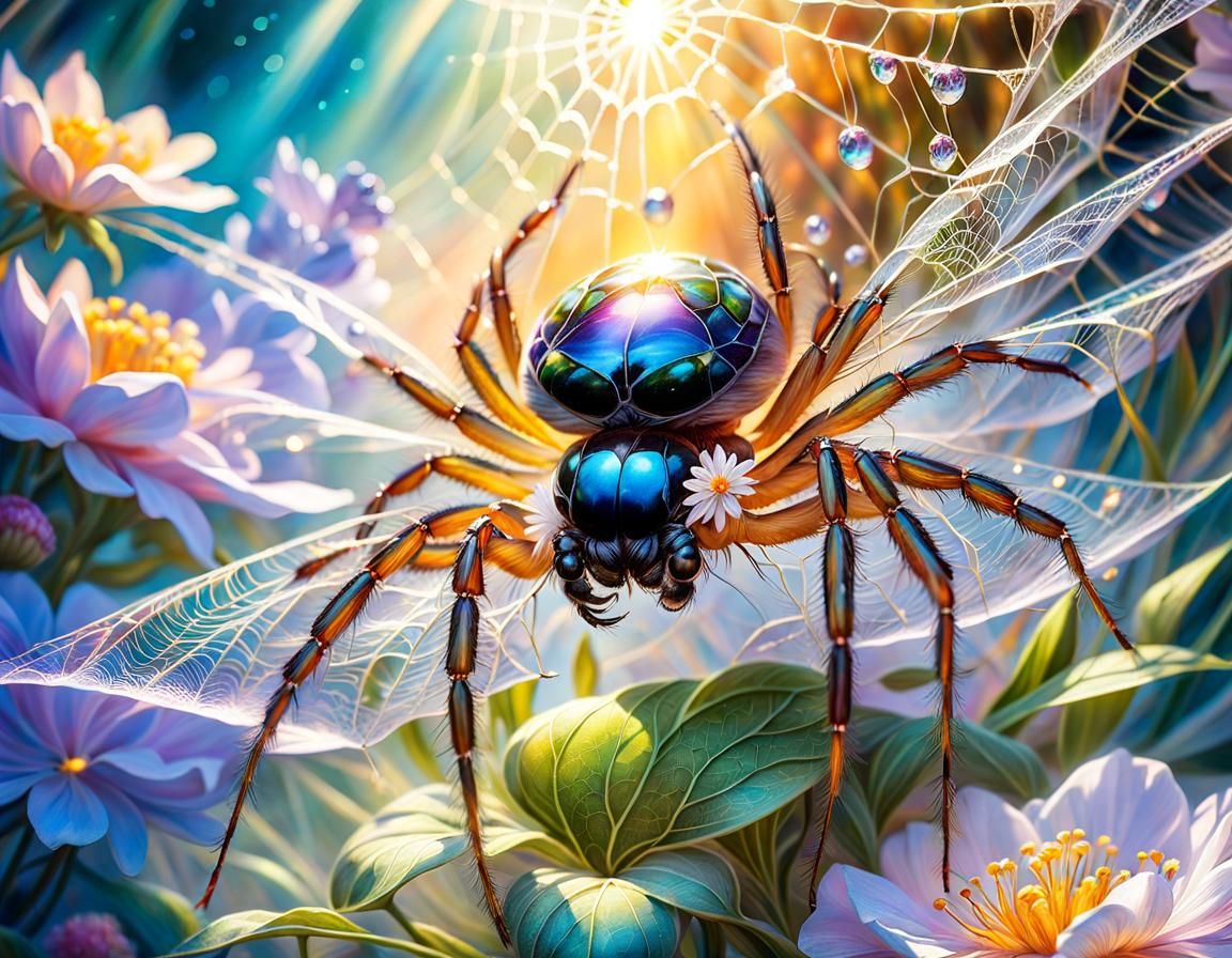 Sunlit Spiderweb on Flower with Jeweled Spider