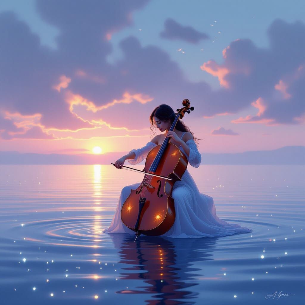 Ethereal Musician on Misty Ocean at Dawn