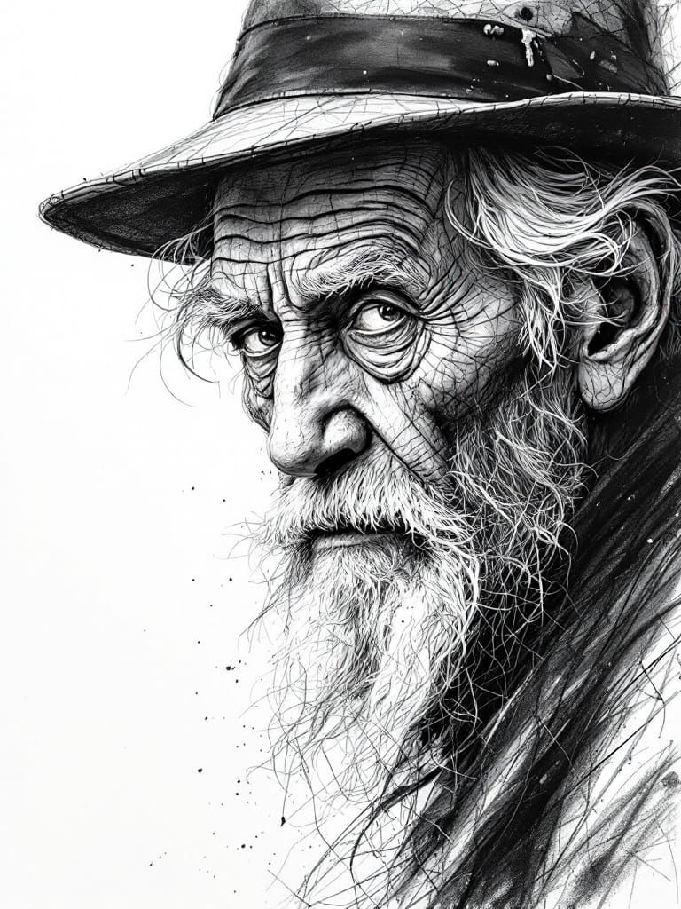 Intricate Pen and Ink Portrait of an Old Man