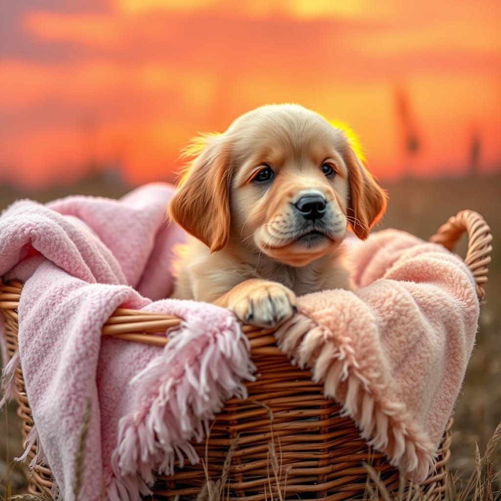 Whimsical Golden Retriever Puppy in Wicker Basket