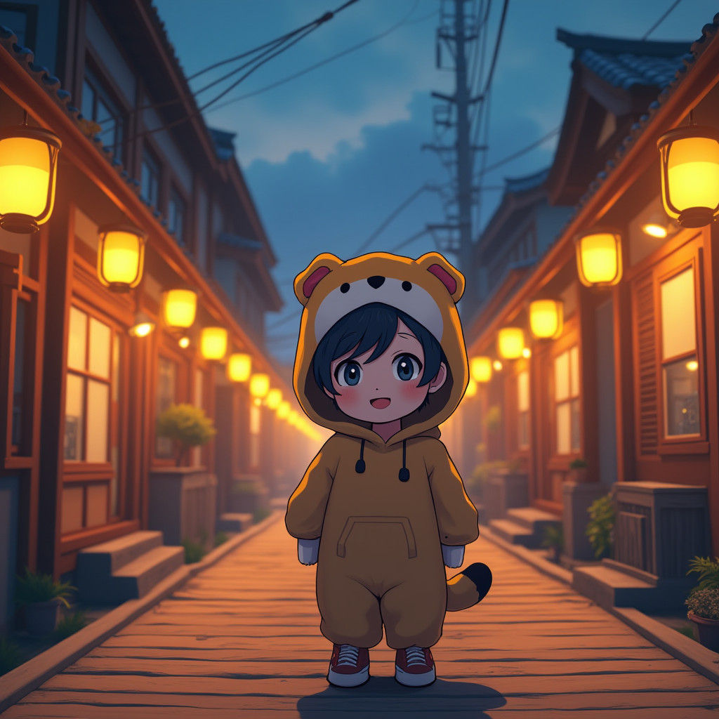 Anime Kid on Boardwalk at Dusk in Japanese Style