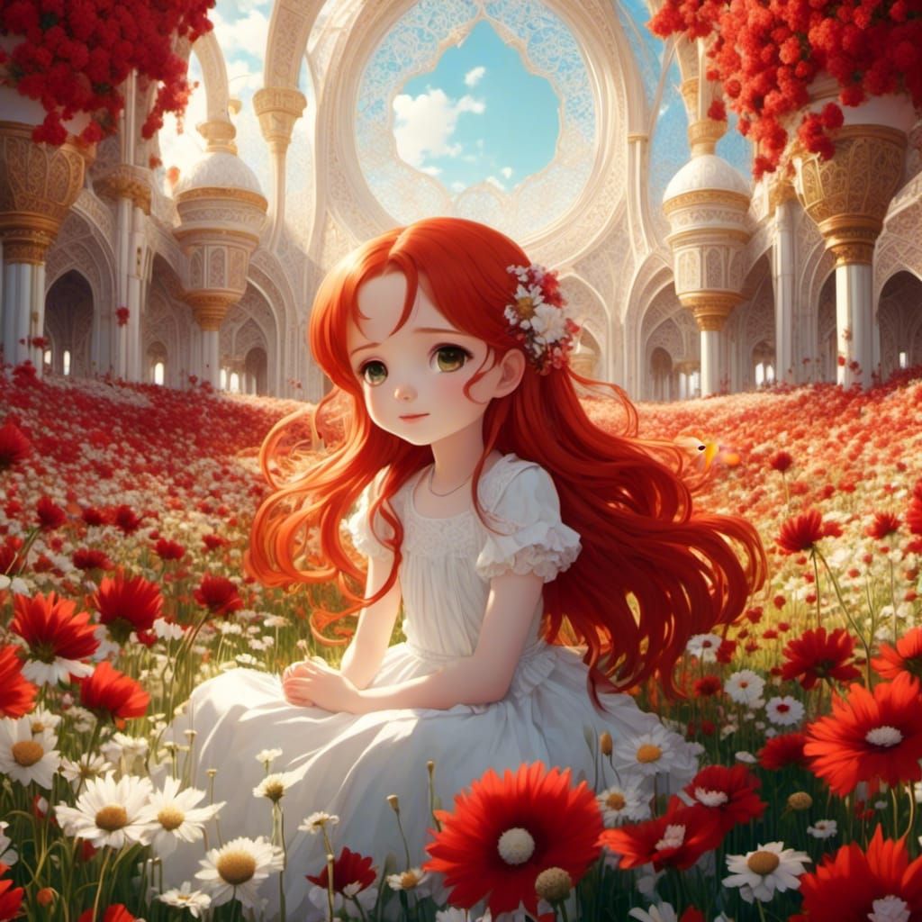 Anime Girl in Flower Field at Golden Hour