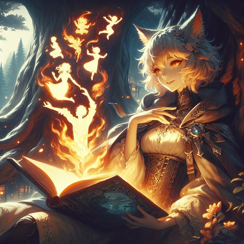 Romantic Anime Lynx Sorceress Under Shadowy Tree