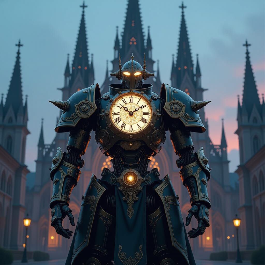 Clockwork Transformer Guarding Gothic Cathedral in Steampunk...
