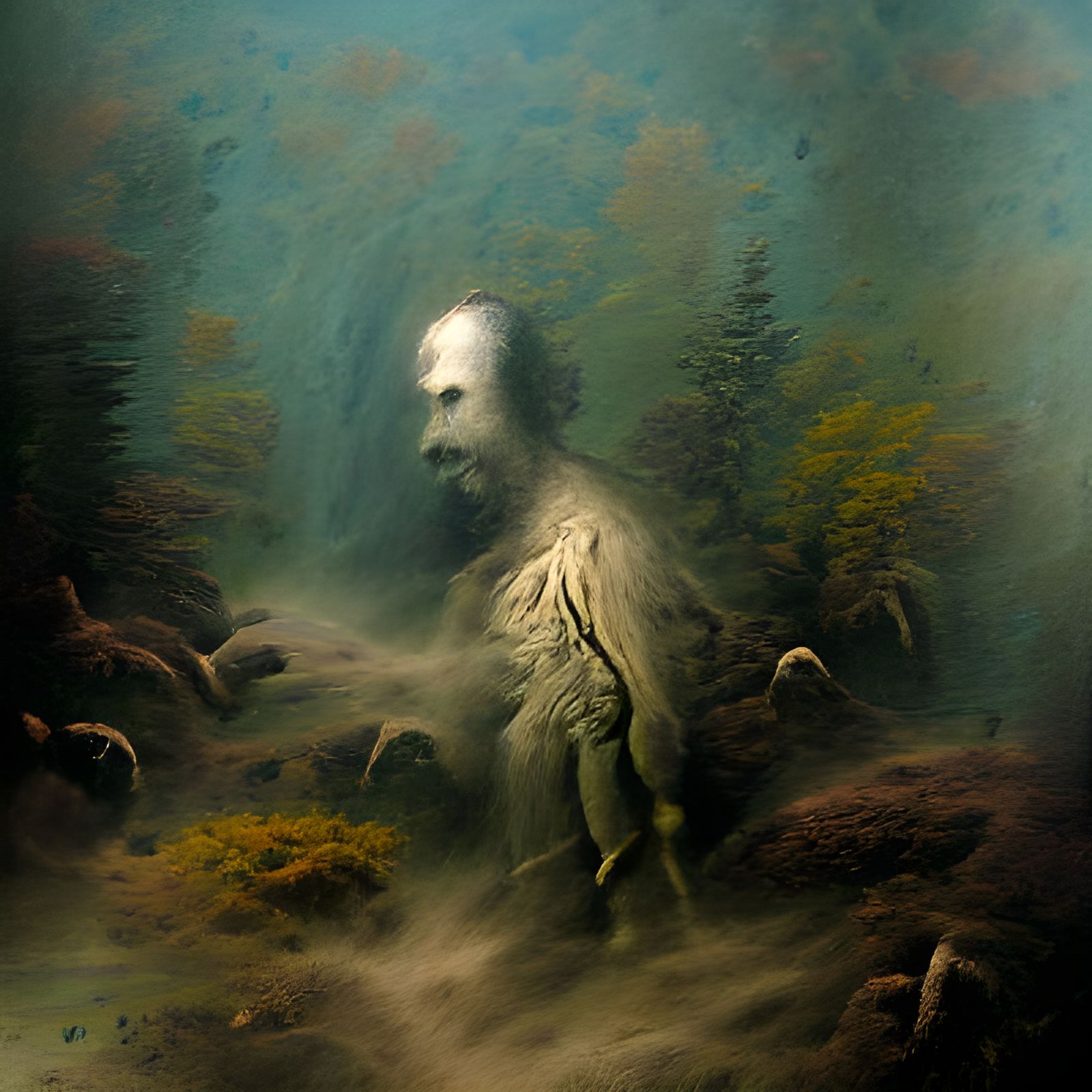 Eerie Figure in Underwater Forest, Horror Art
