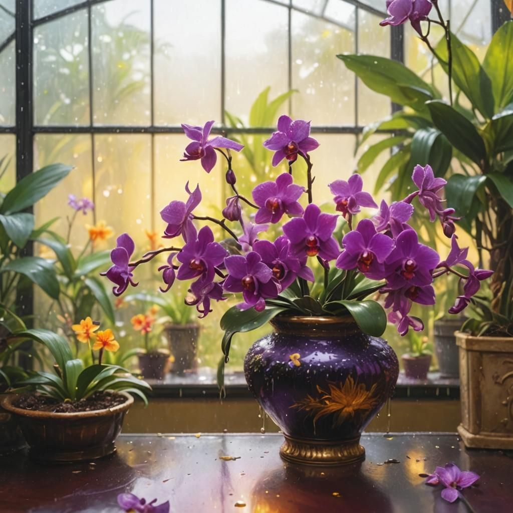 Detailed Violet Orchids in Glass Conservatory: Botanical Art