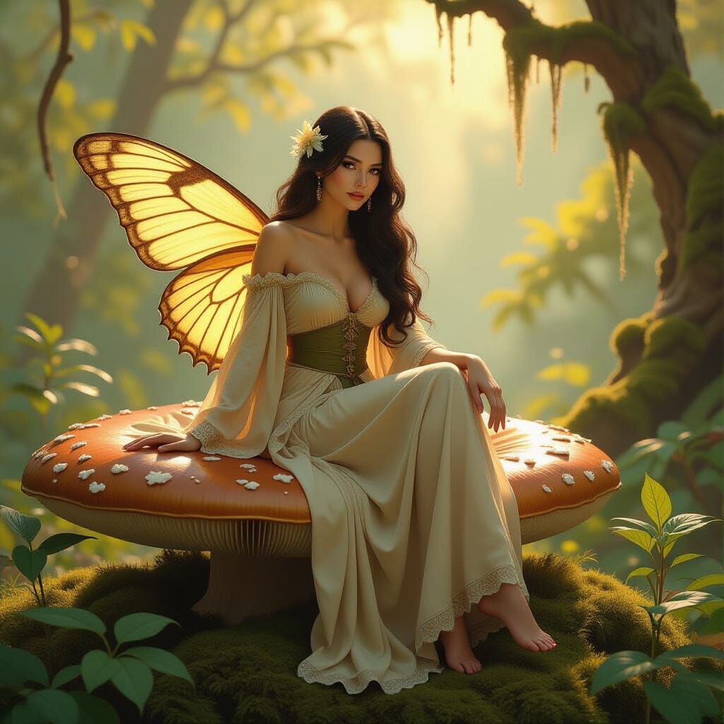 Moth Goddess on Mushroom, Oil Painting Style